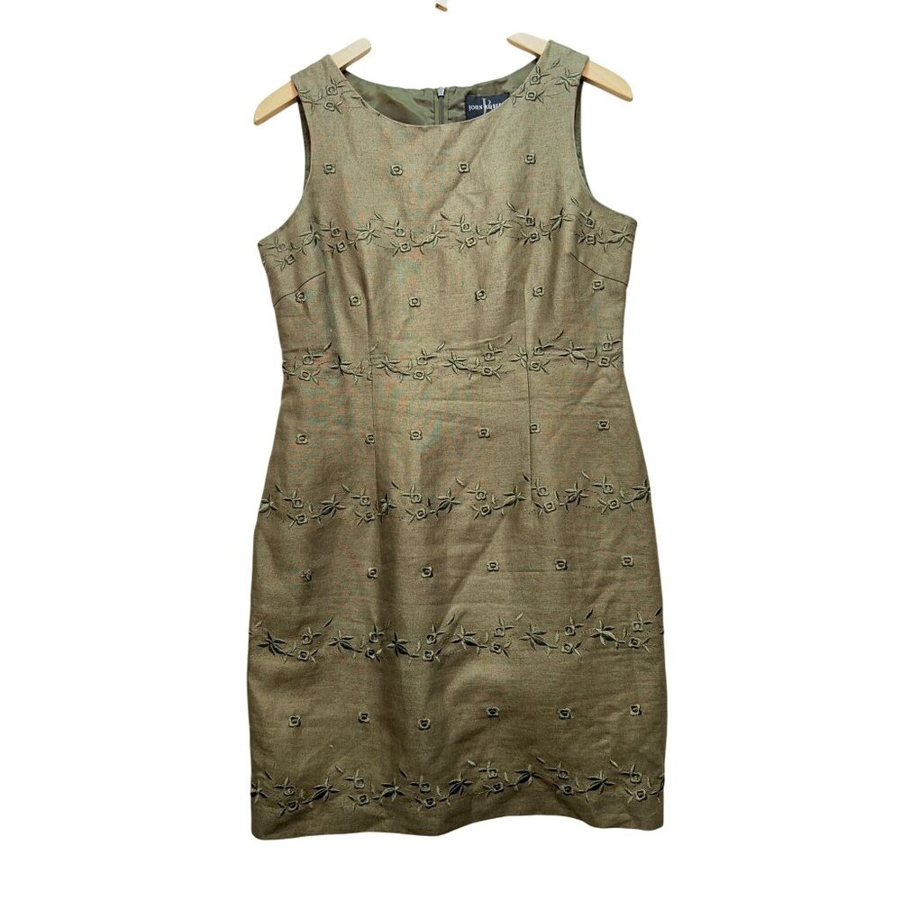 John Roberts Women Linen Sheath Dress Size 10 Olive Green Embroidered Sleeveless